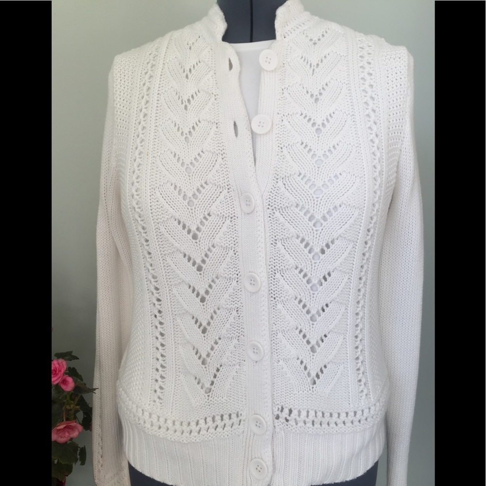 Eddie Bauer White cable knit cardigan sweater LG